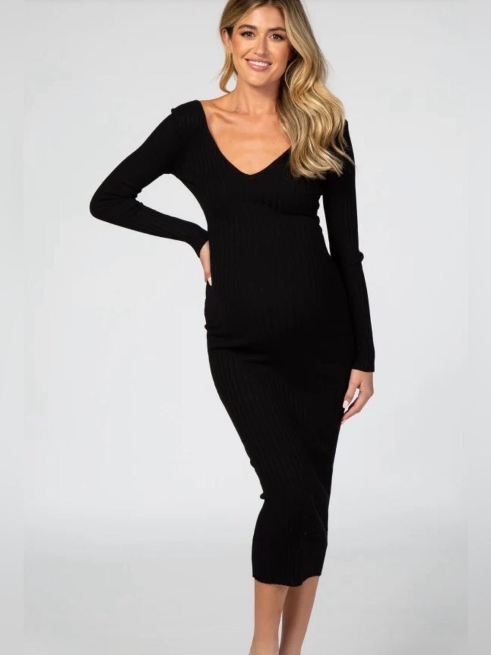 Black V-Neck Long Sleeve Fitted Maternity Maxi Dress